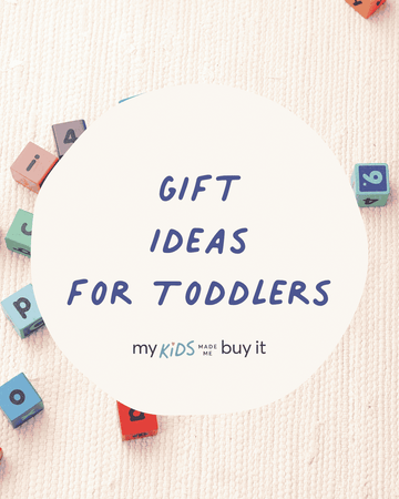 Gift ideas for toddlers with colorful blocks on a textured background.