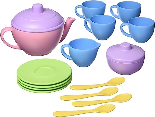 Green Toys Tea Set with green plates blue tea cups and pink teapot