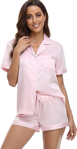 Serenedelicacy Women's Satin Pajama Set 2-Piece Sleepwear Loungewear Button Down Short Sleeve PJ Set