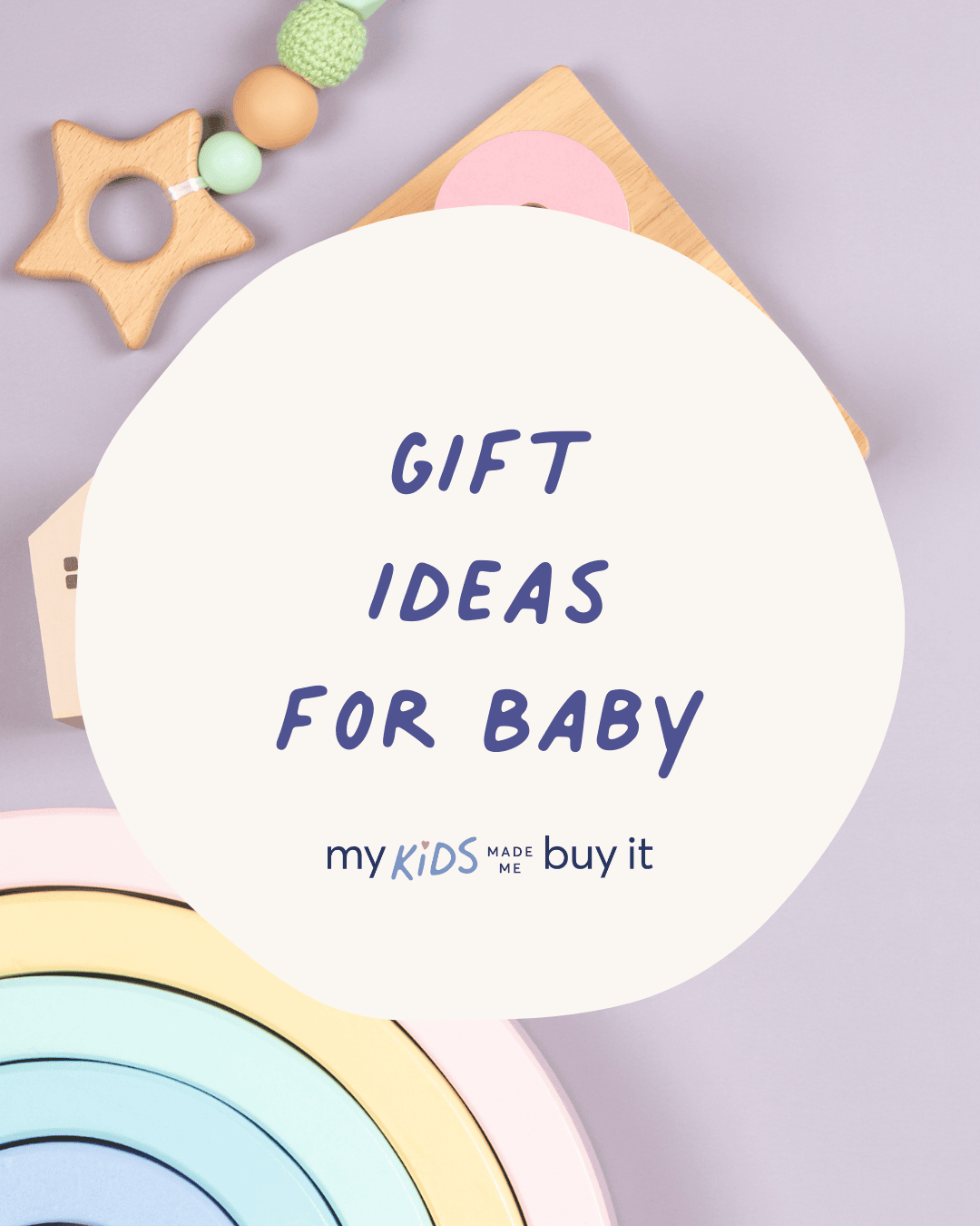 Gift ideas for baby with toys on a light purple background