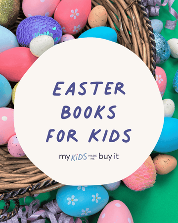 Colorful Easter eggs with a basket and text overlay 'Easter Books for Kids' on a green background.