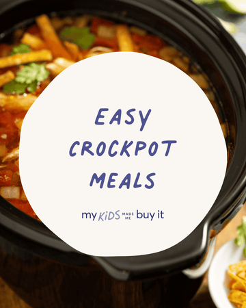 Crockpot with soup and text overlay 'Easy Crockpot Meals'.