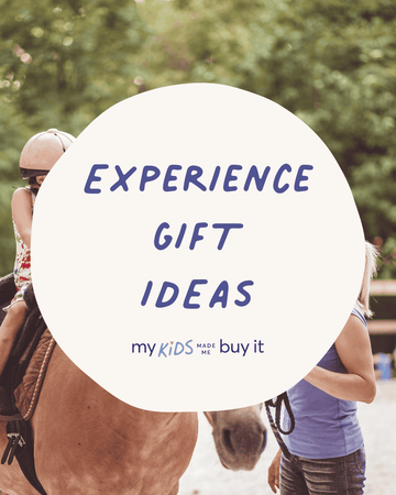 Two people on horseback with text overlay about experience gift ideas.