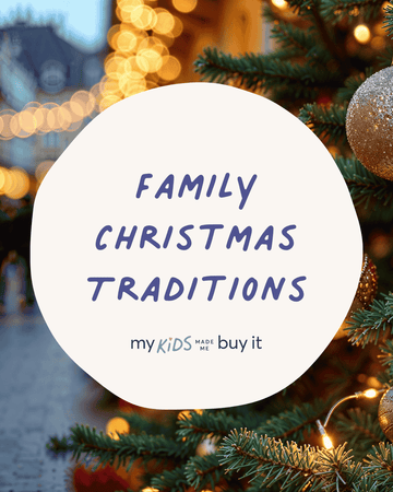 Decorated Christmas tree with 'Family Christmas Traditions' text overlay
