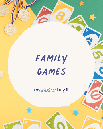 Colorful card game pieces with 'Family Games' text and 'my kids made me buy it' slogan on a yellow background.