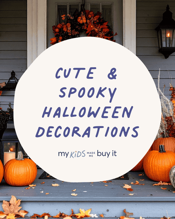 Halloween decorations on a porch with pumpkins and fall leaves, featuring text about cute and spooky decorations.