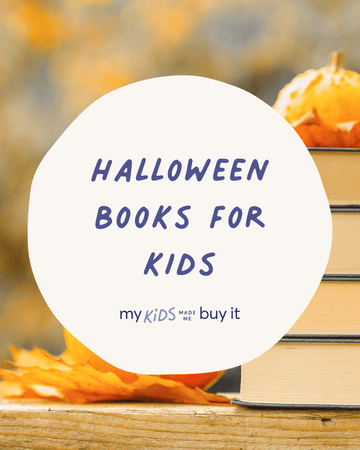 Graphic for Halloween books for kids with pumpkins and books on a blurred background.