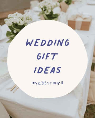 Decorative table setting with flowers and a gift, overlaid with 'Wedding Gift Ideas' text 