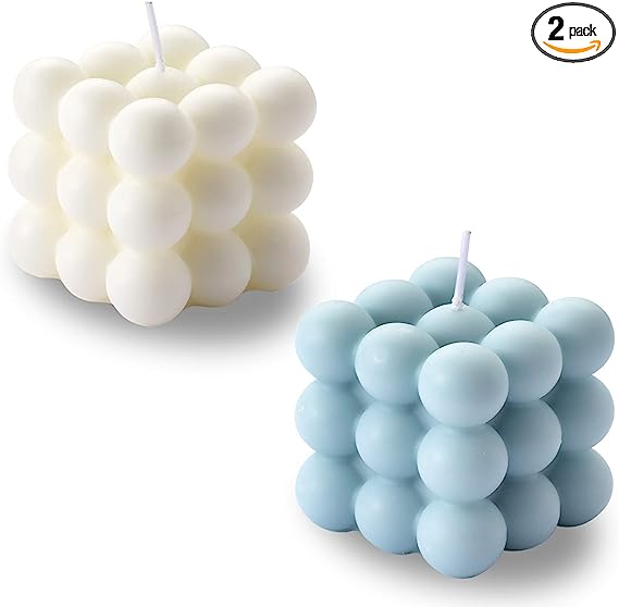 white and blue bubble cube shaped candle
