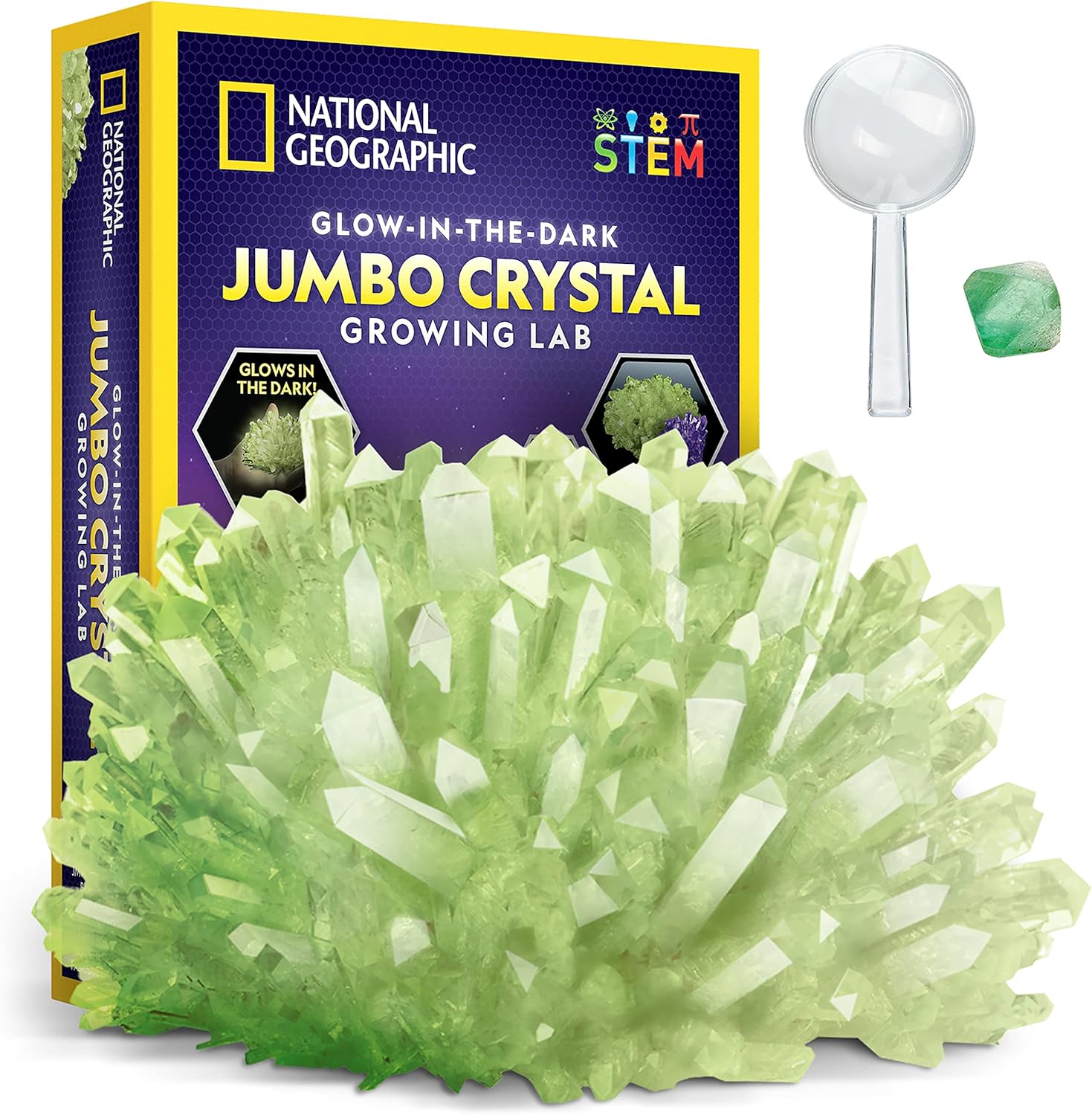 National Geographic glow-in-the-dark jumbo crystal growing lab with crystals and a scoop on a white background