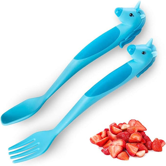 Dinneractive Unicorn Utensil Set - 2 PC - Blue - Soft-Grip Kid Fork & Spoon - Fun Toddler Dinnerware Set - Kids Utensils
