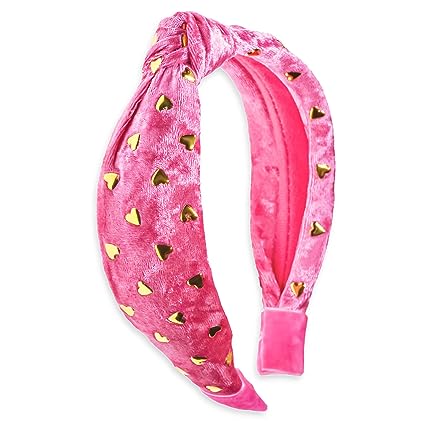 FROG SAC Pink Heart Headband for Girls, Studded Knotted Headbands for Kids, Cute Head Bands, Little Girl Velvet Hair Accessories, Gold Stud Hearts Hairband, No Slip Fashion Head Band Head Piece