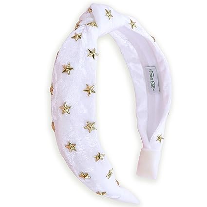 ROG SAC Star Studded Knot Headband for Girls, White Knotted Headbands for Kids, Cute Stud Hair Bands, Little Girl Velvet Hair Accessories, Gold Stars Hairband, No Slip Fashion Head Band