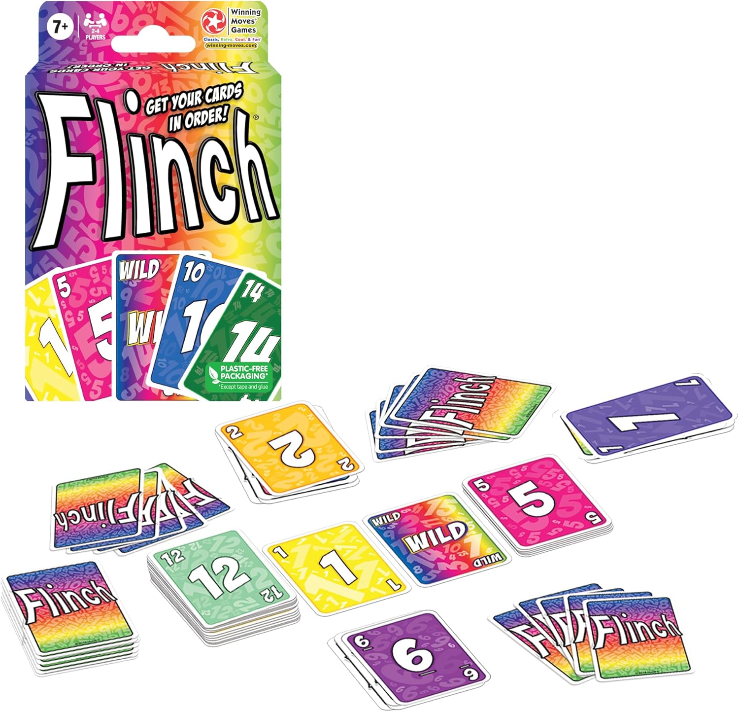 Flinch card game packaging with colorful cards on a white background