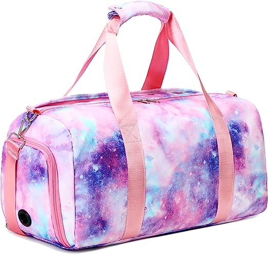 Gym Duffle Bag with galaxy print and pink straps