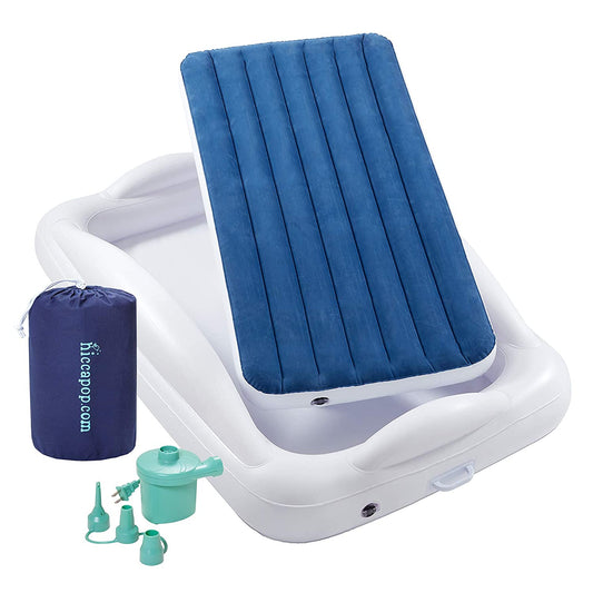 Hiccapop Inflatable Toddler Bed in blue and green electrical air pump