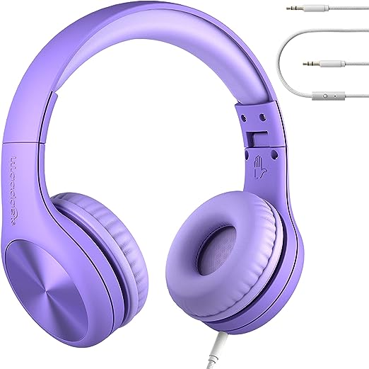 LilGadgets Connect+ Pro Kids Headphones Wired - Designed with Kids' Comfort in Mind, Foldable Over-Ear Headset with in-line Microphone, Toddler Headphones for Kids, Purple