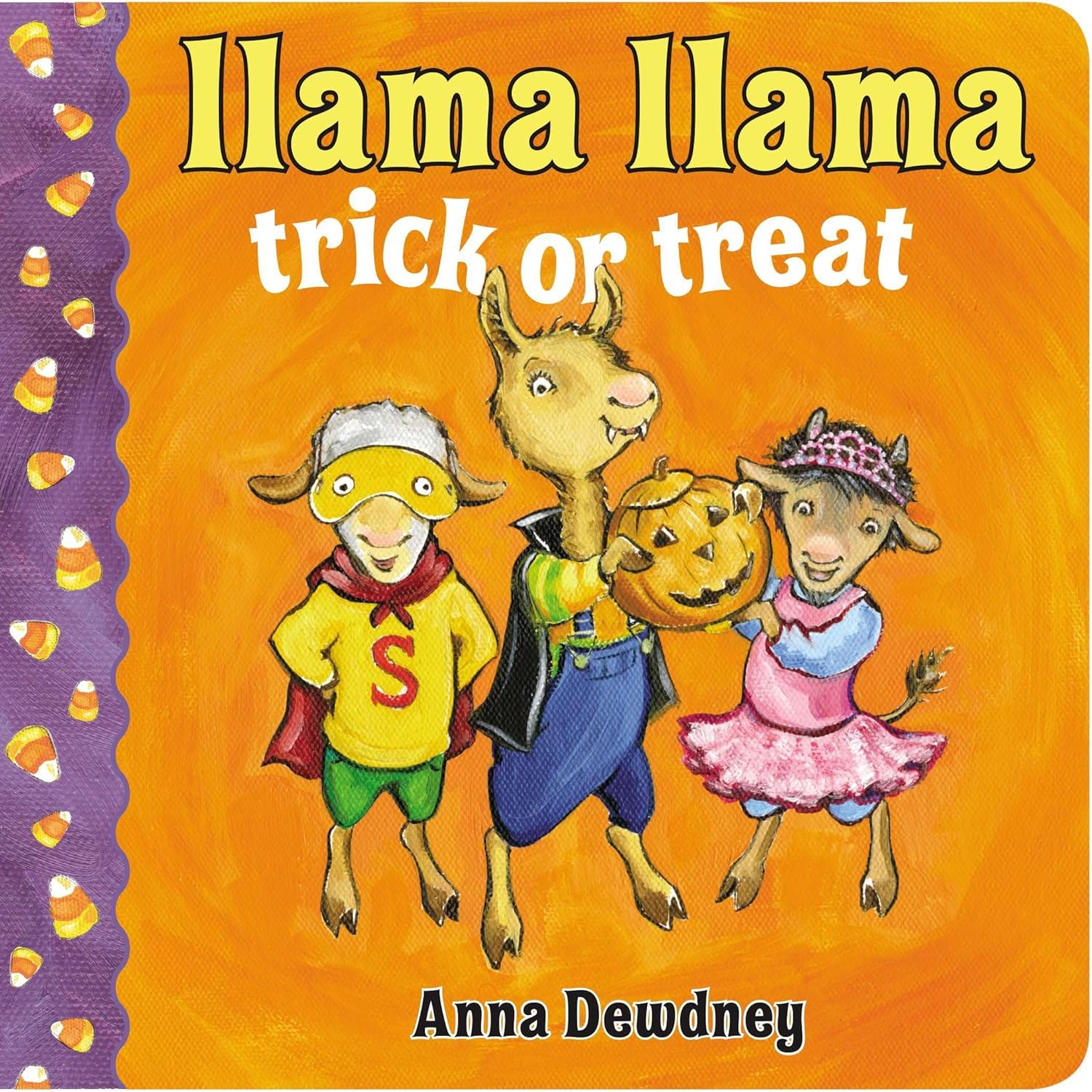 Book cover of 'Llama Llama Trick or Treat' with three llamas in Halloween costumes on an orange background.