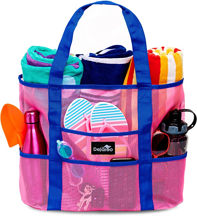 Dejaroo Pink Mesh Beach Bag with blue straps