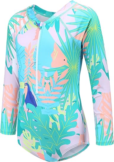Moon Tree Girls One Piece Swimsuits Long Sleeve Rash Guard Zipper Front Bathing Suit UPF 50+ (Tropical)