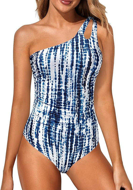 One Shoulder One Piece Swimsuit (Blue Tie Dye)
