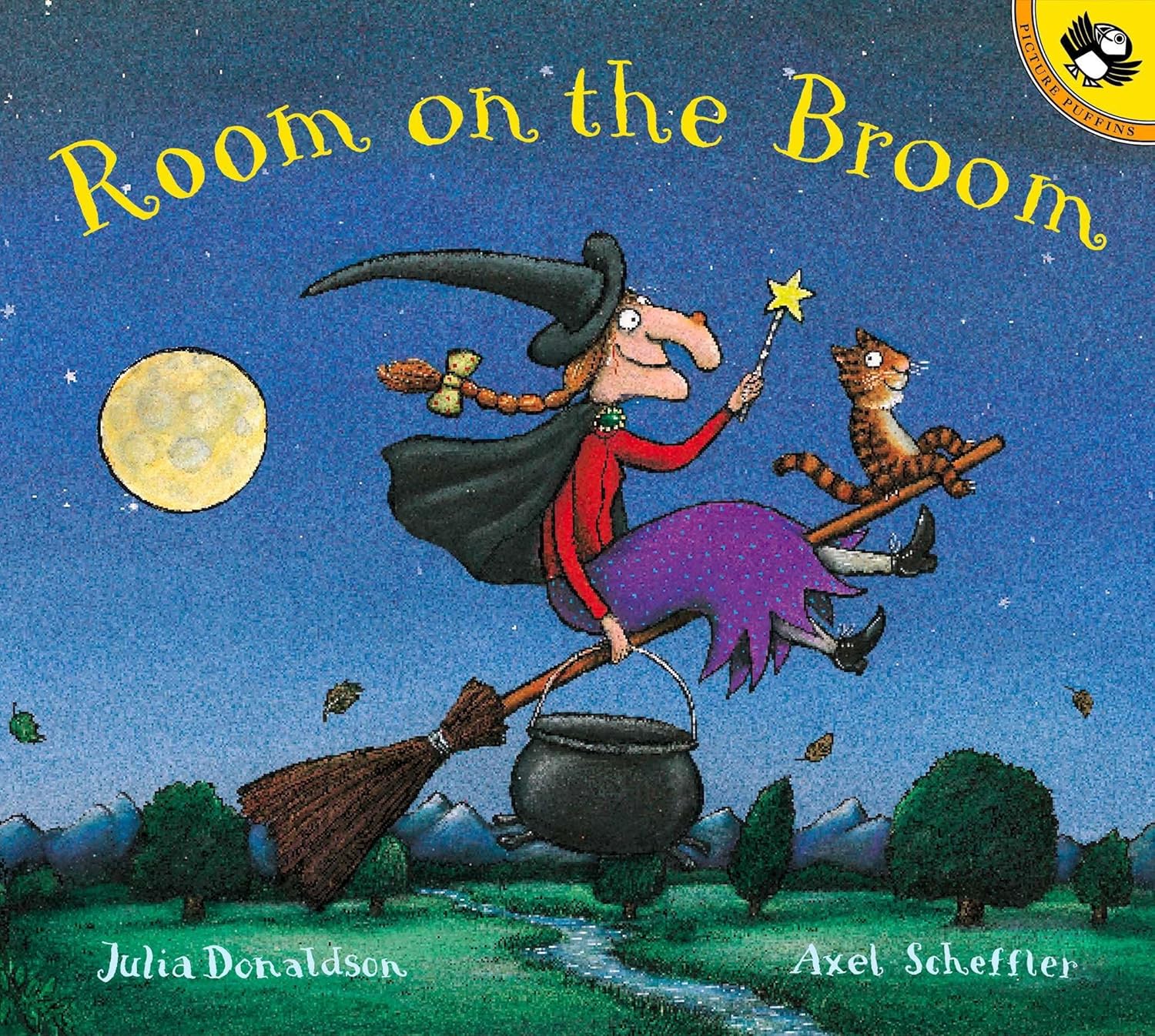 Book cover of 'Room on the Broom' with a witch and cat on a broomstick against a night sky.
