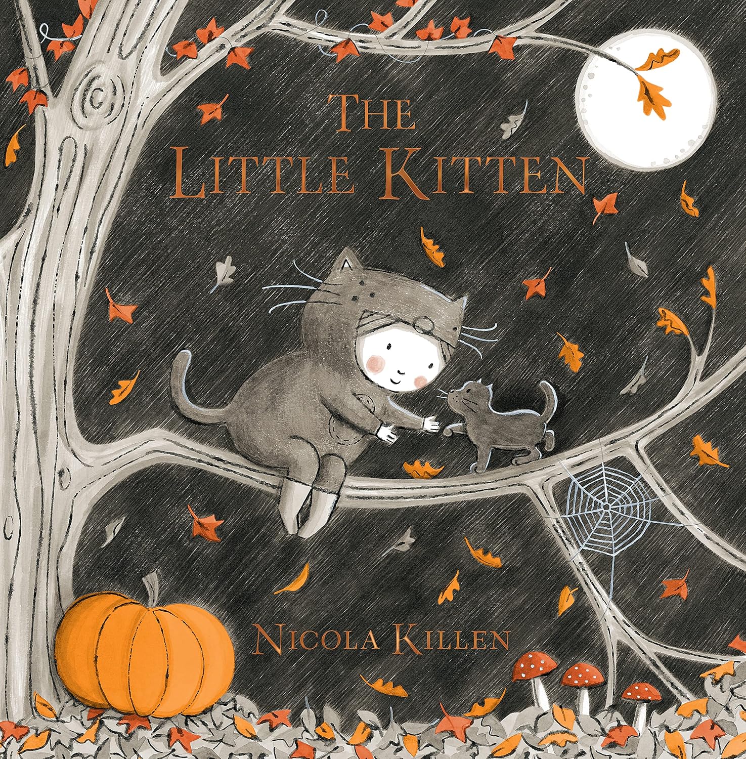 Book cover of 'The Little Kitten' by Nicola Killen with a cat in a Halloween costume on a tree branch.