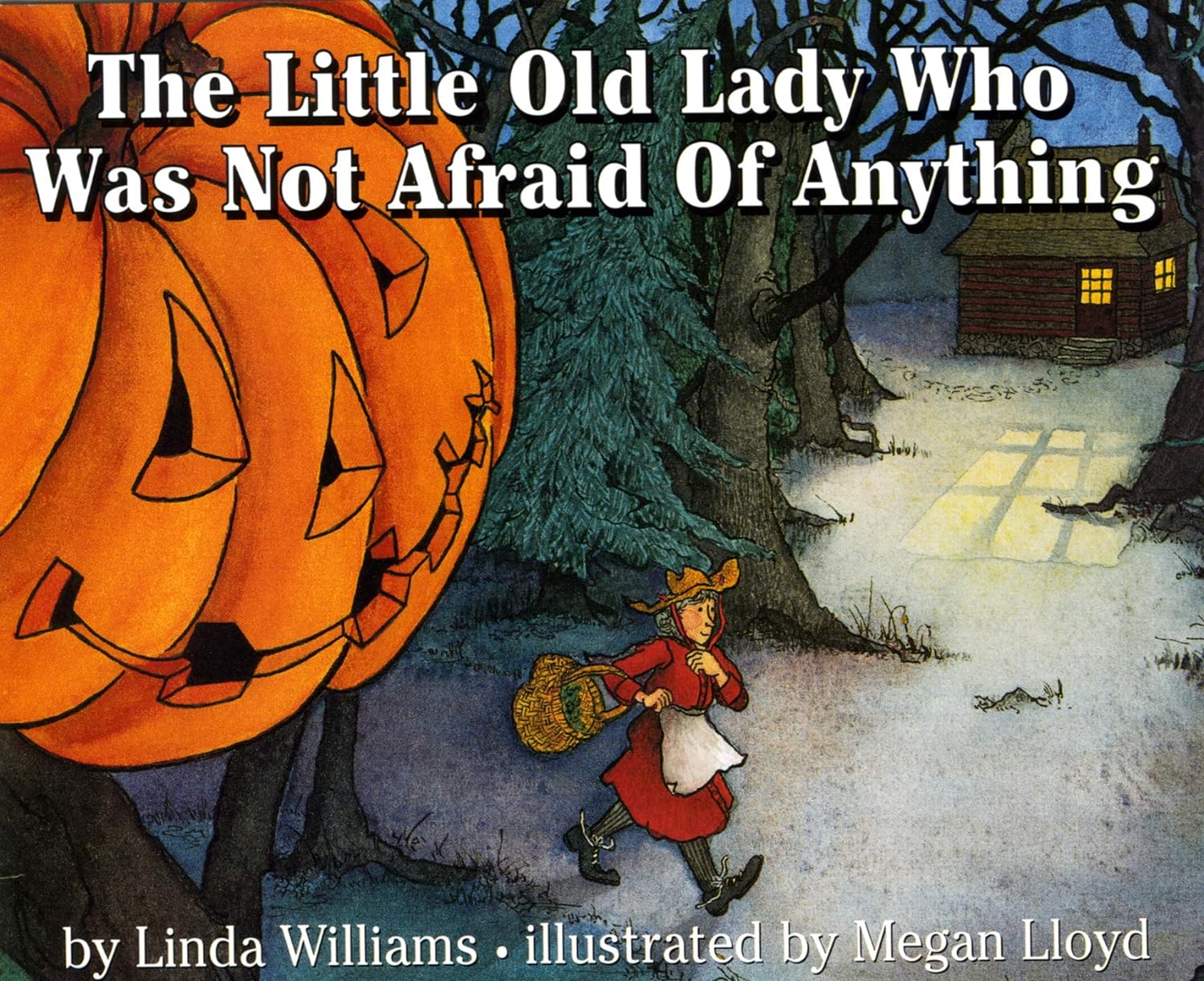 Illustrated book cover of 'The Little Old Lady Who Was Not Afraid Of Anything' with a pumpkin and a woman walking in a spooky forest.