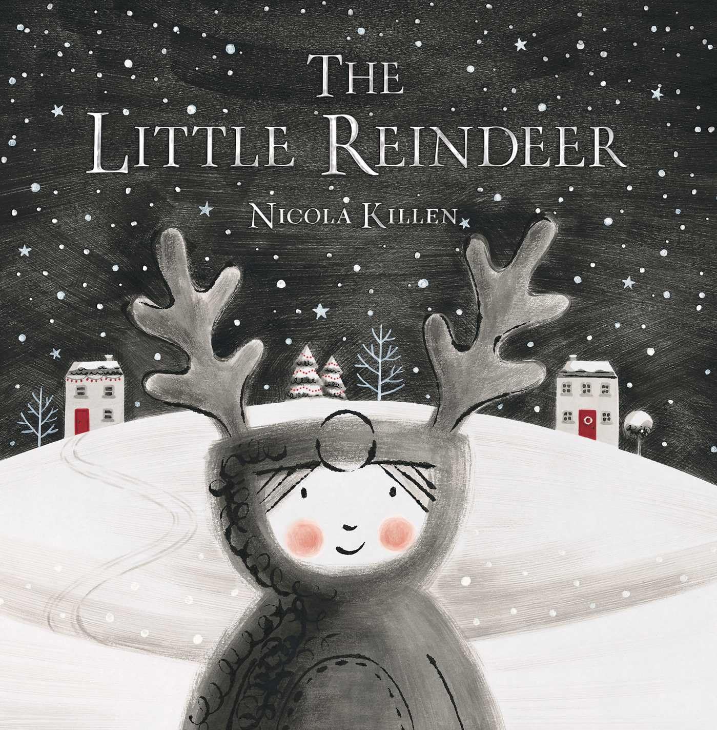 Book cover of 'The Little Reindeer' with a child in a reindeer costume against a snowy background.