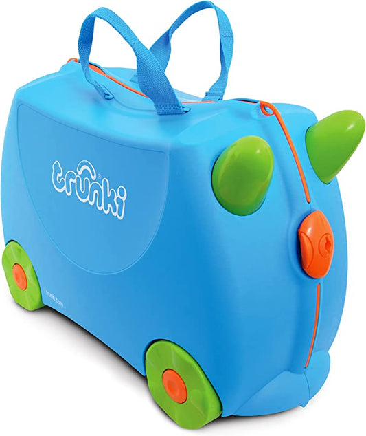 Trunki Kids Ride-On Blue Suitcase with Green wheels