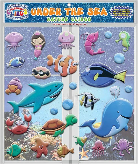 Under The Sea Ocean Window Clings for Kids & Toddlers (by Jesplay USA - Reusable Window Stickers Gels & Decals) Puffy Sticker Activites for Car Plane Home - Underwater Animals Fish Mermaid Shark