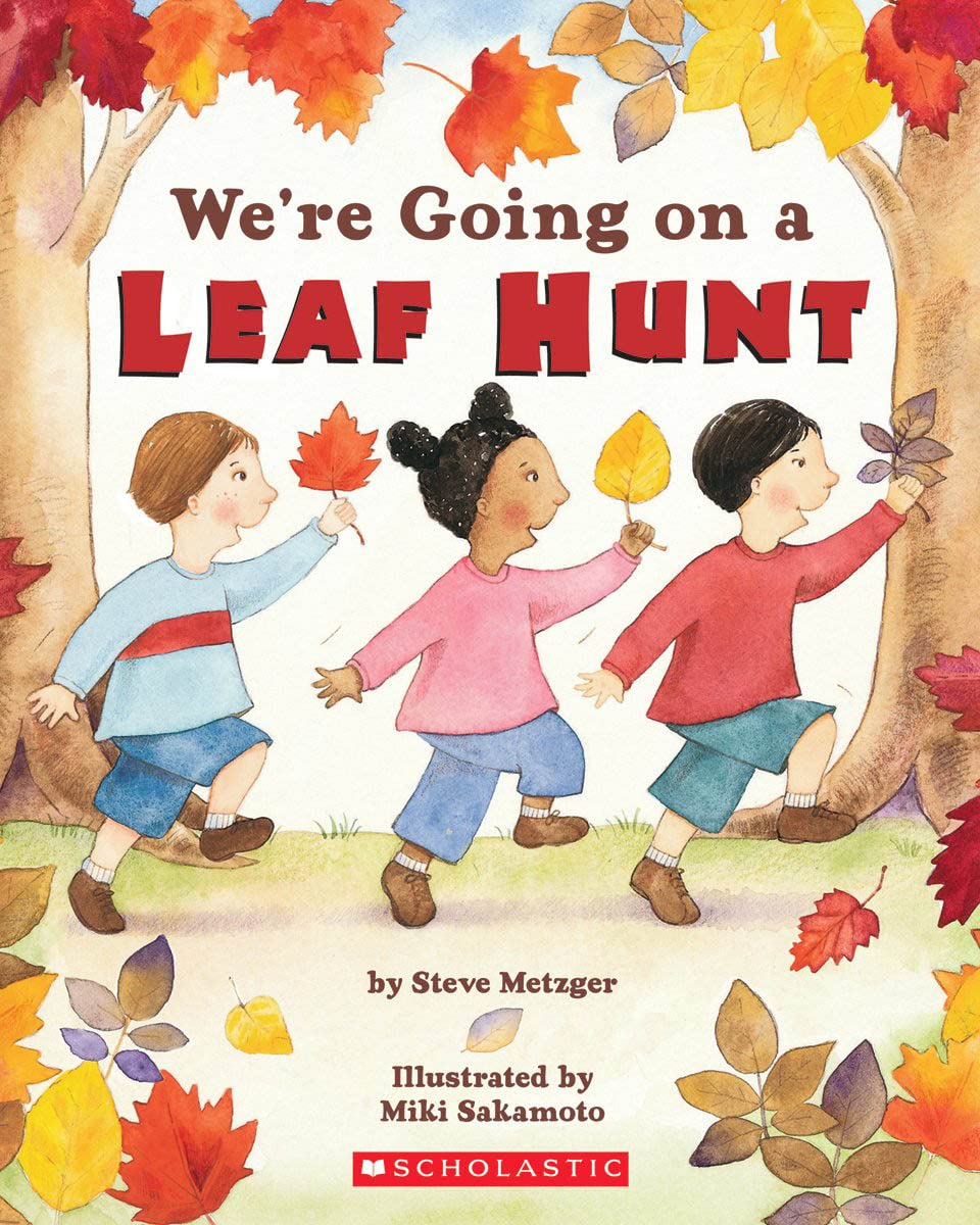 Book cover of 'We're Going on a Leaf Hunt' with children holding leaves and autumn leaves around.