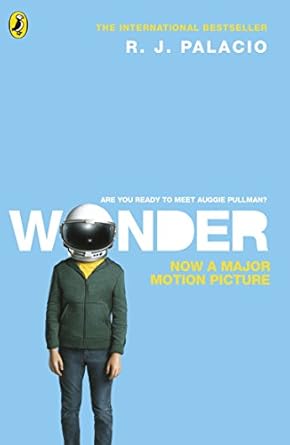 Book cover of 'Wonder' by R.J. Palacio with a person wearing a helmet on a blue background