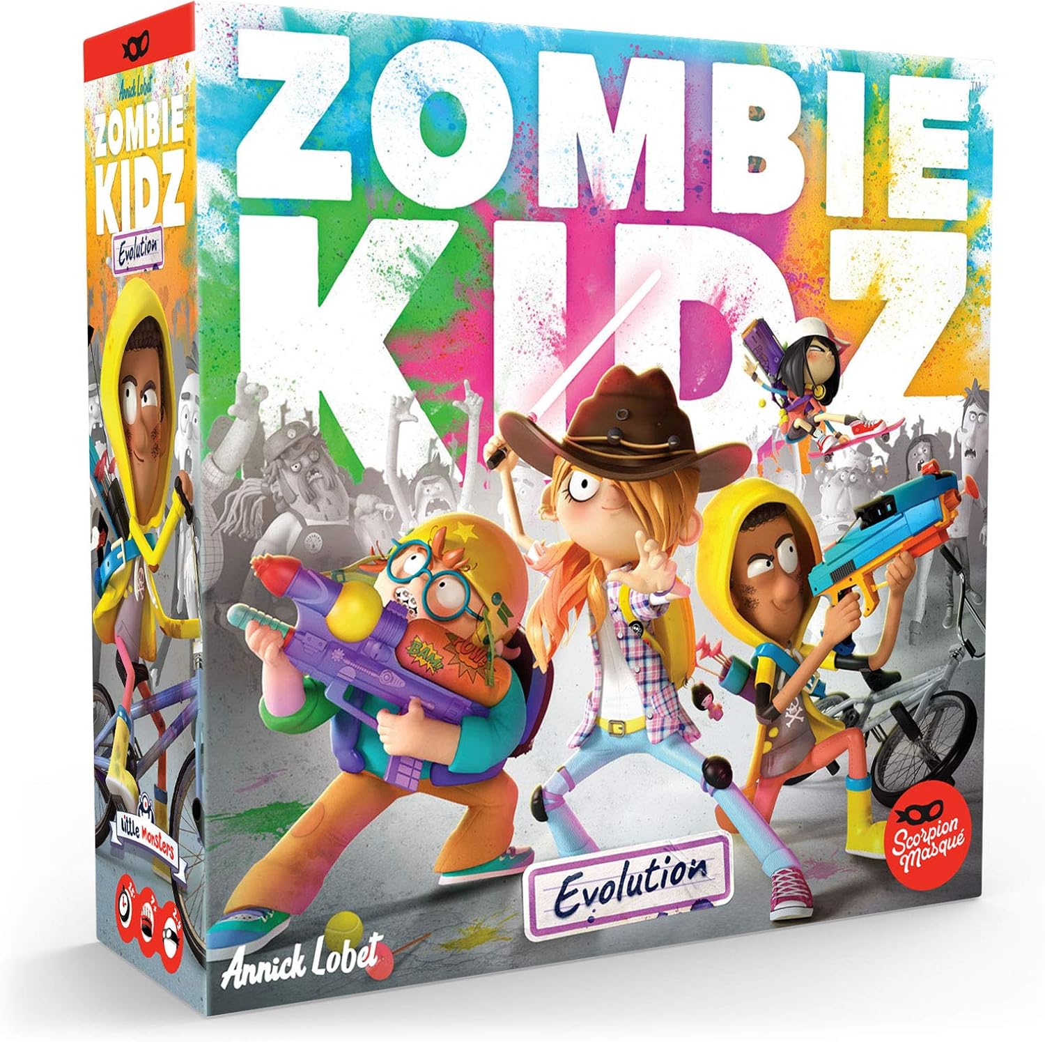 Box of 'Zombie Kidz Evolution' game with colorful design and character illustrations.